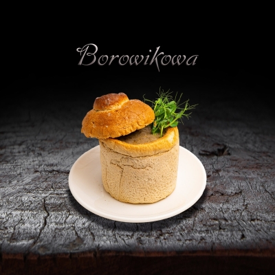 Boletus soup in a bread bowl