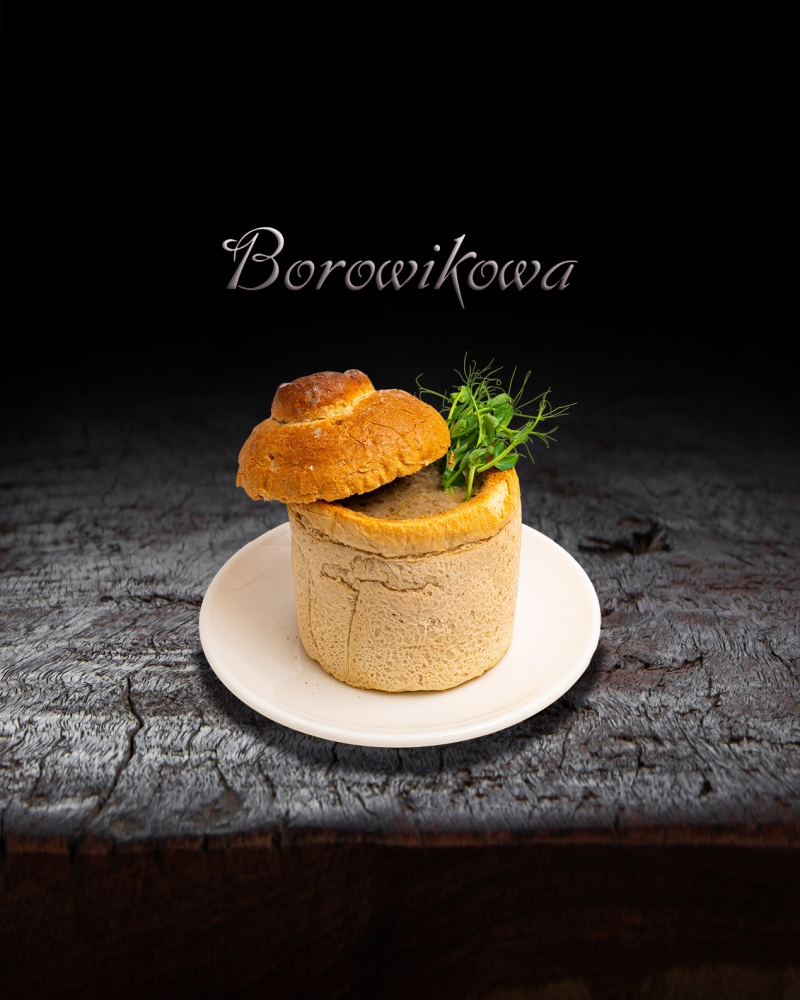 Boletus soup in a bread bowl